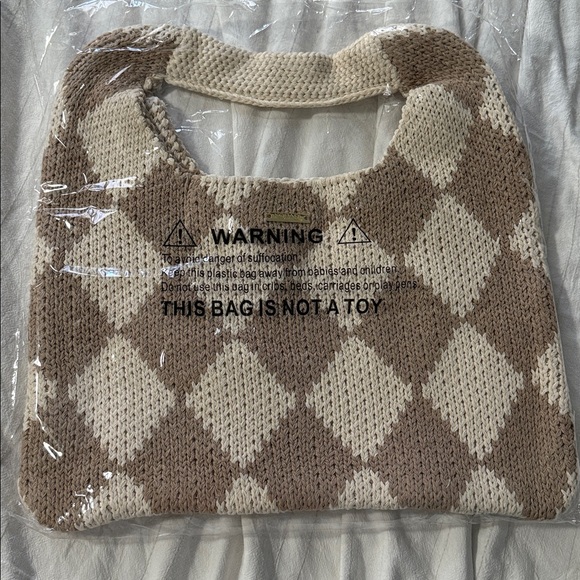 Kopari Beige and Cream Argyle Knit Tote Bag - Picture 1 of 5